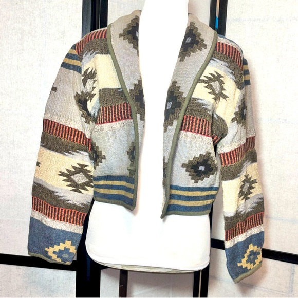 ☀️Vintage 90’s ‘Flashback’ Aztec Blazer‎ Cropped Western Cotton Tapestry-medium - Picture 1 of 6